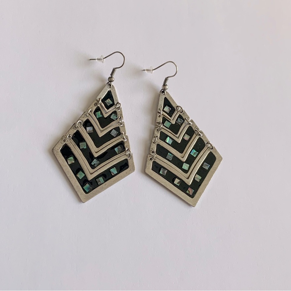 Vintage silver tone and black enamel earrings with abalone accents